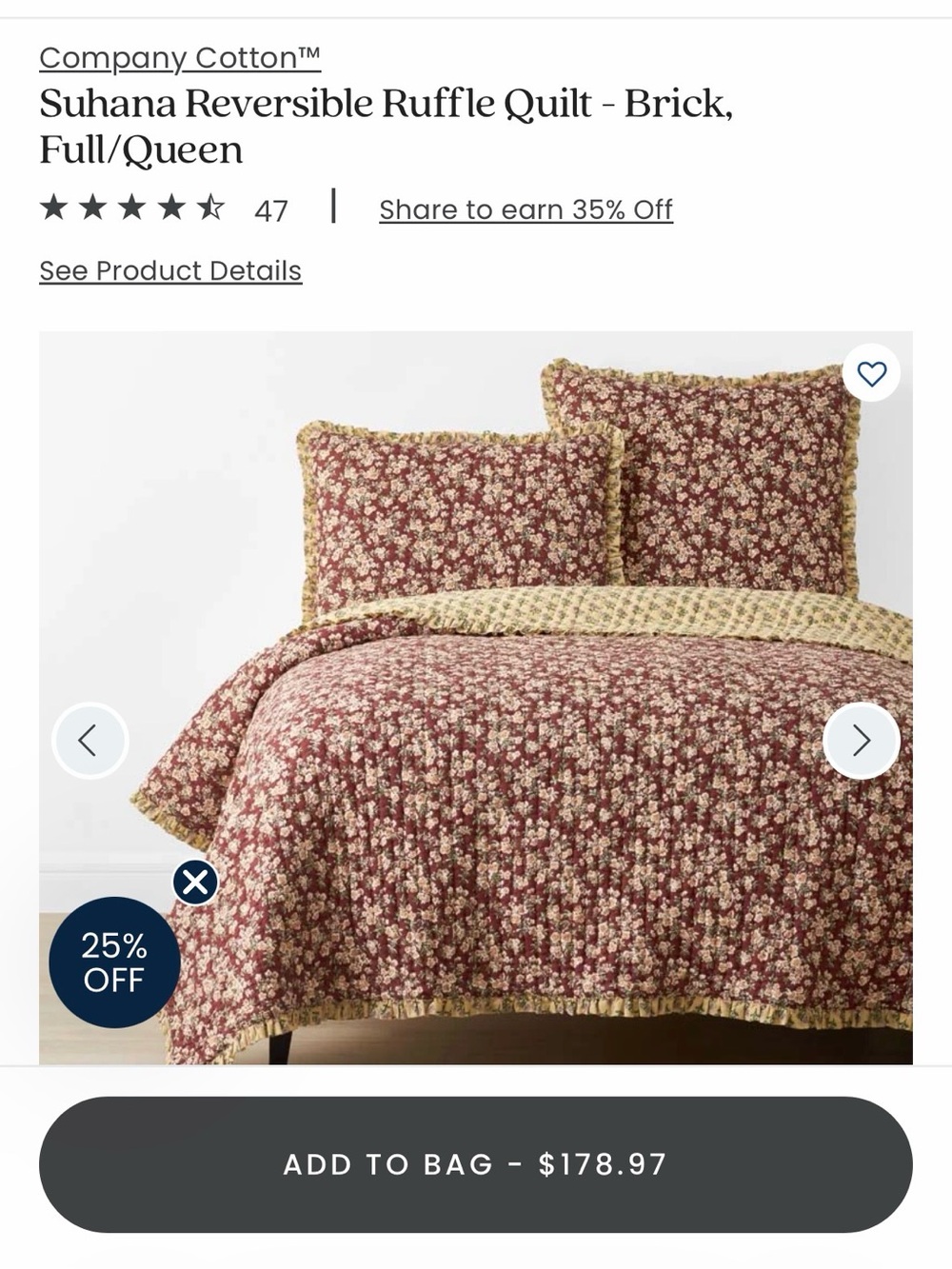 The Company Store Floral Ruffle Quilt in Brick and Cream